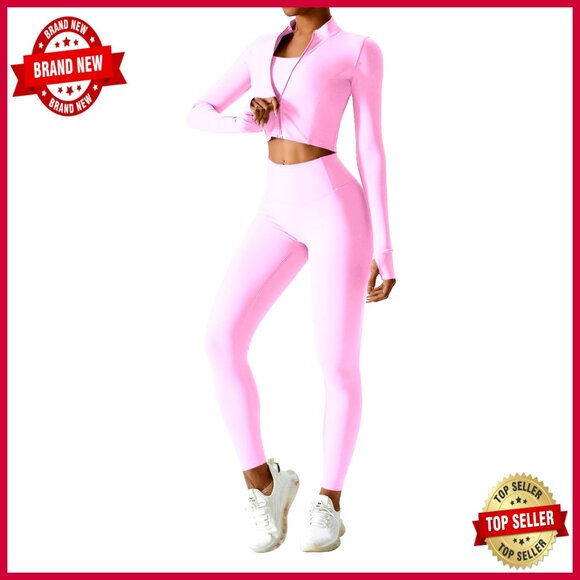 Tops - 3-Piece Workout Set: Zip Jacket, Sports Bra, Tummy Control Leggings